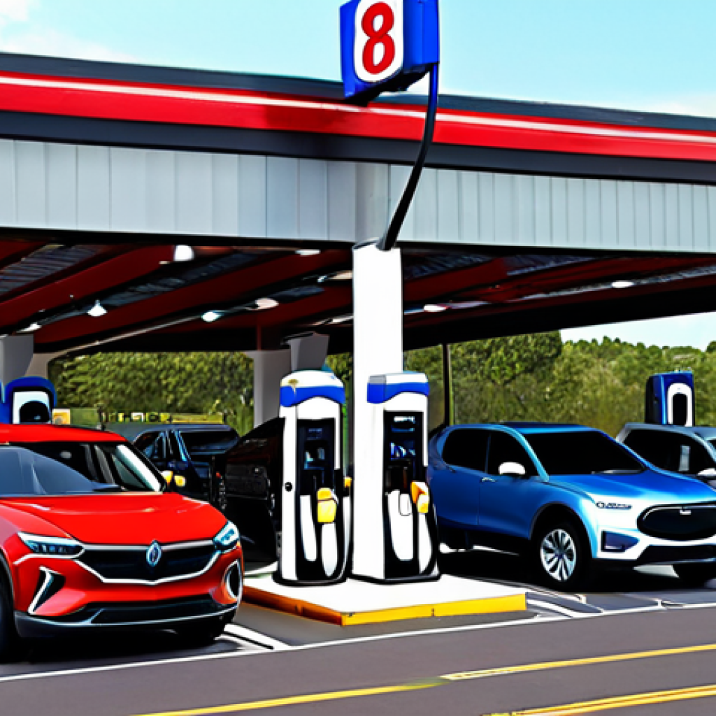 **

Prompt: "American highway with a mix of electric SUVs and pickup trucks at a fast-charging station, gas prices prominently displayed in the background, showcasing the shift to EVs."

**