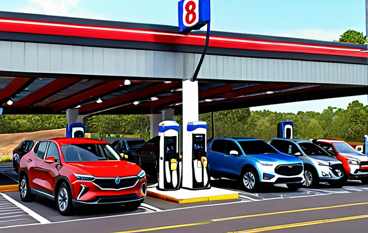 **
Prompt: "American highway with a mix of electric SUVs and pickup trucks at a fast-charging station, gas prices prominently displayed in the background, showcasing the shift to EVs."
**