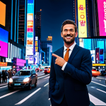 A professional adult in a modest business suit, standing on a bustling city street at night, illuminated by a symphony of vibrant neon lights and digital billboards. Modern architecture glows in the background, creating an energetic and colorful urban landscape. The scene is captured with professional photography, high quality, perfect anatomy, correct proportions, natural pose, well-formed hands, proper finger count, natural body proportions, fully clothed, appropriate attire, professional dress, safe for work, appropriate content, family-friendly.