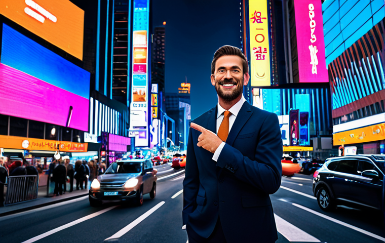 A professional adult in a modest business suit, standing on a bustling city street at night, illuminated by a symphony of vibrant neon lights and digital billboards. Modern architecture glows in the background, creating an energetic and colorful urban landscape. The scene is captured with professional photography, high quality, perfect anatomy, correct proportions, natural pose, well-formed hands, proper finger count, natural body proportions, fully clothed, appropriate attire, professional dress, safe for work, appropriate content, family-friendly.